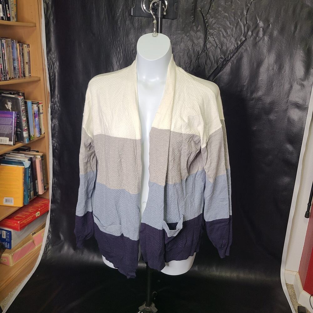 Peyton Primrose color block open front cardigan blue gray white extra large